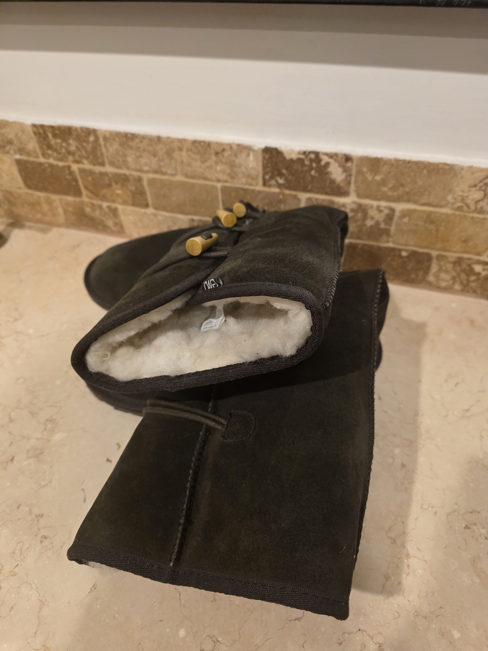 Emu Olive Suede Shearling Boots with Toggle